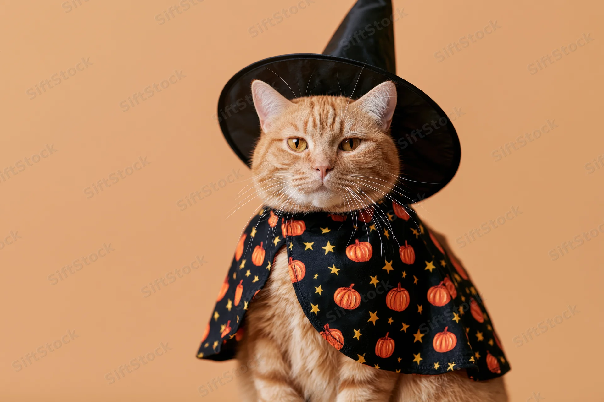 Orange tabby cat wearing witch hat and pumpkin cape sitting upright against beige background