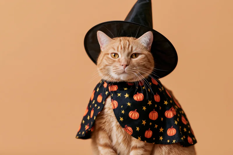 Orange tabby cat wearing witch hat and pumpkin cape sitting upright against beige background