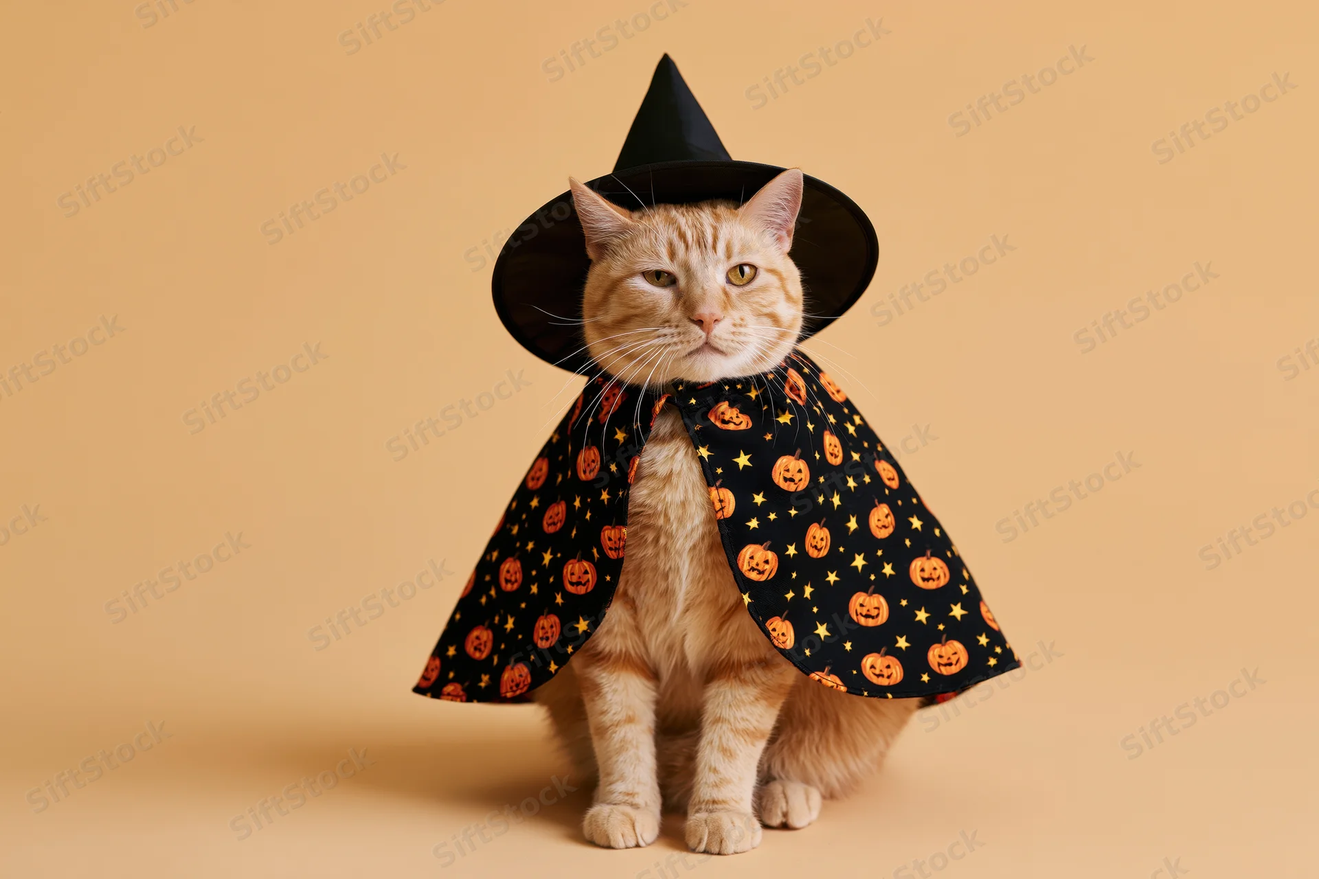 Orange tabby cat sitting upright in witch costume with black hat and pumpkin-patterned cape on beige background