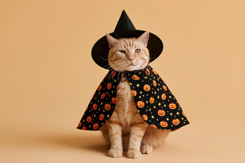 Orange tabby cat sitting upright in witch costume with black hat and pumpkin-patterned cape on beige background