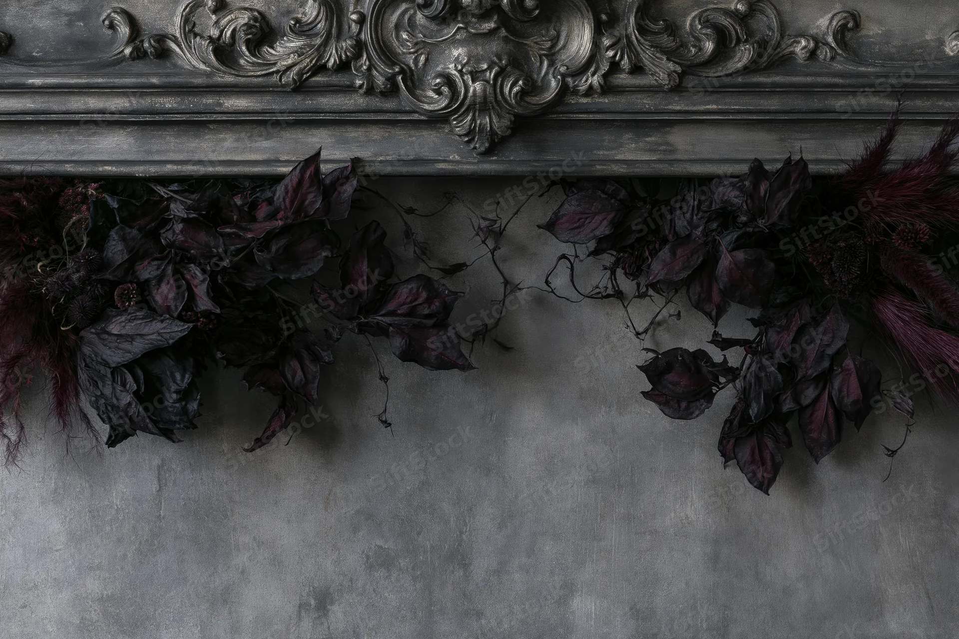 Ornate baroque plaster wall panel with dark dried botanical arrangement above textured gray surface