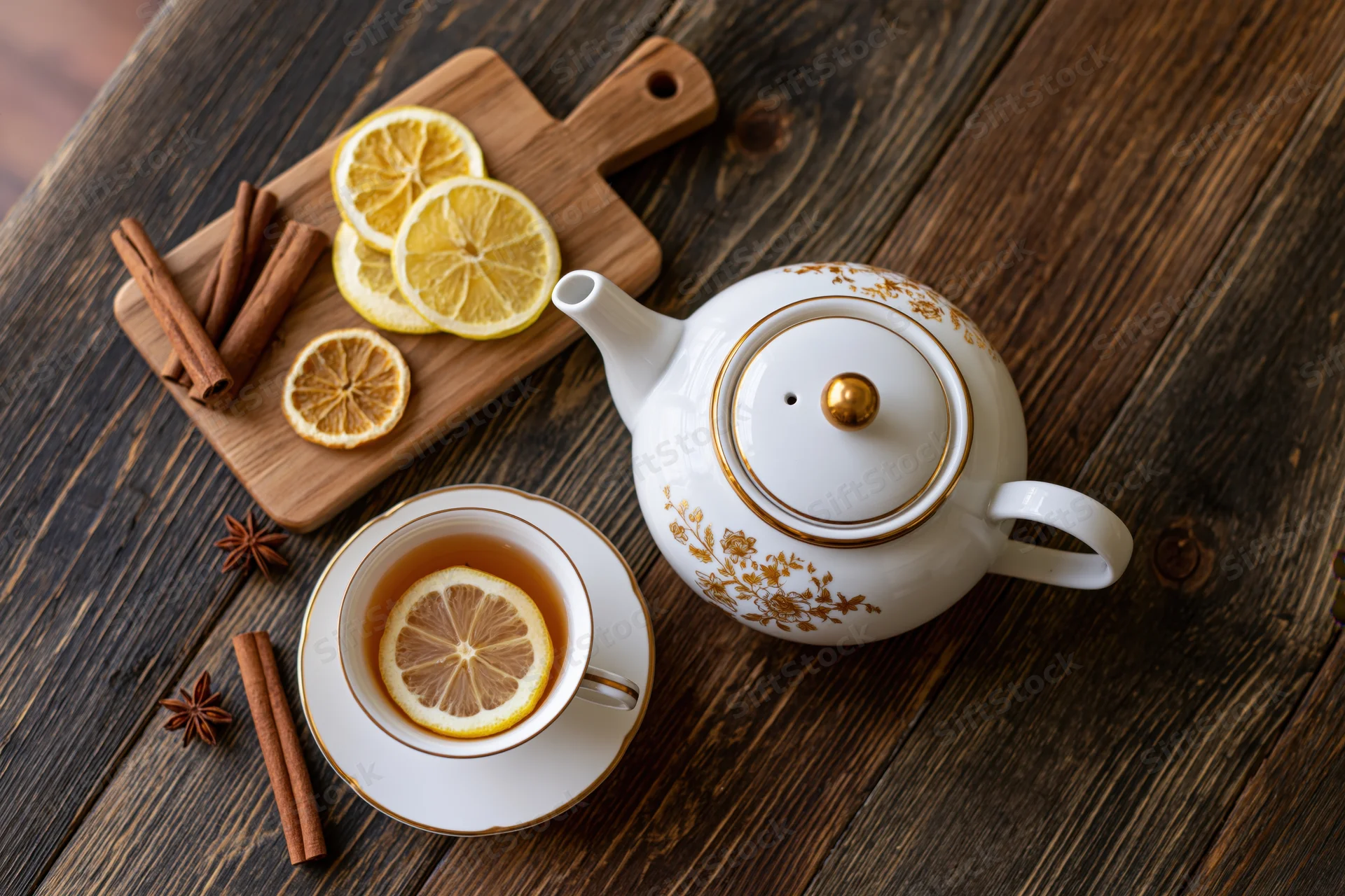 White ceramic teapot with gold floral design and tea cup on wooden table with dried lemon slices, cinnamon sticks, and star anise arranged in flat lay overhead view