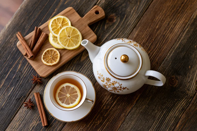 White ceramic teapot with gold floral design and tea cup on wooden table with dried lemon slices, cinnamon sticks, and star anise arranged in flat lay overhead view