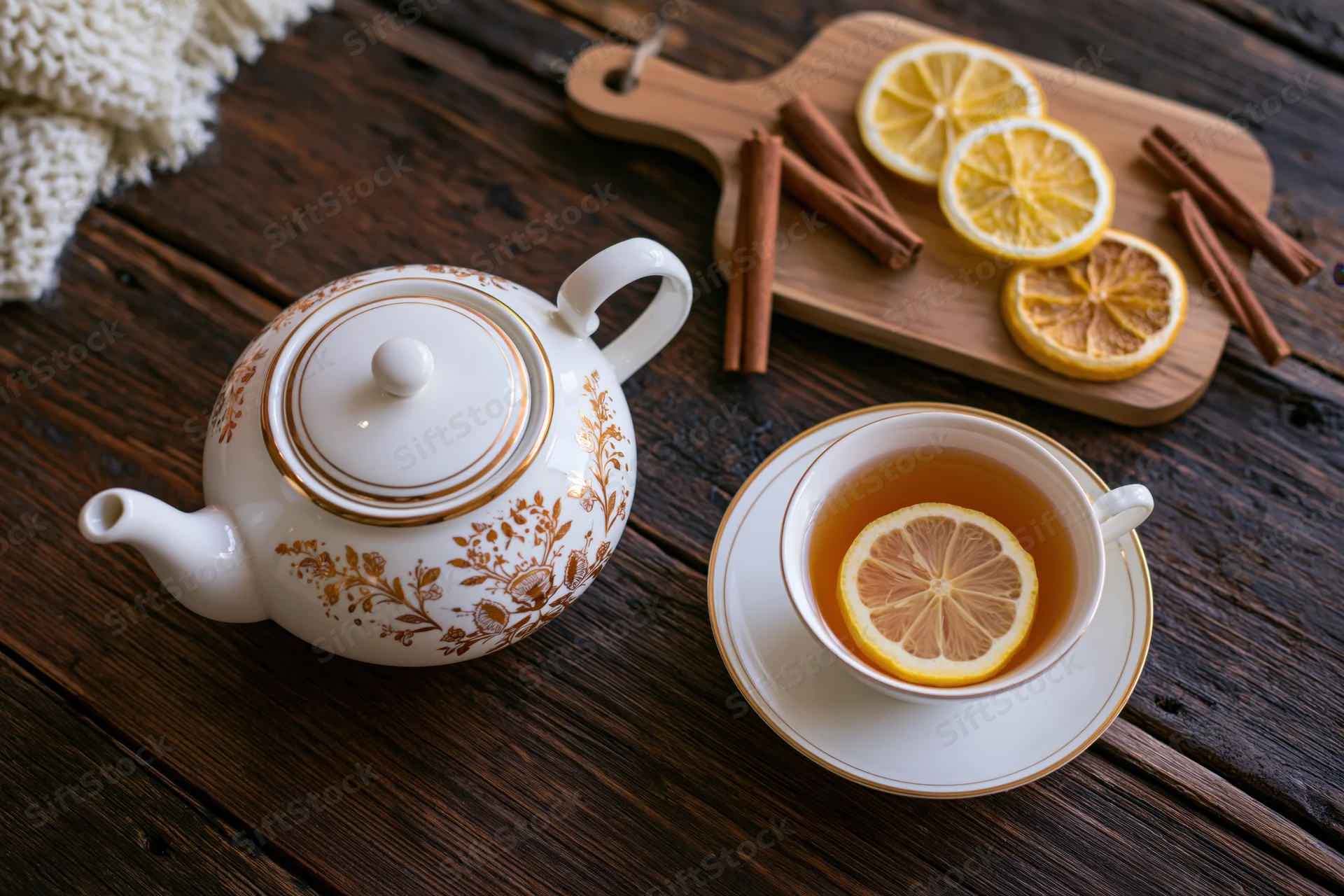 White ceramic teapot with gold floral design and matching cup filled with tea and lemon slice on dark wooden table beside cinnamon sticks and lemon slices on cutting board