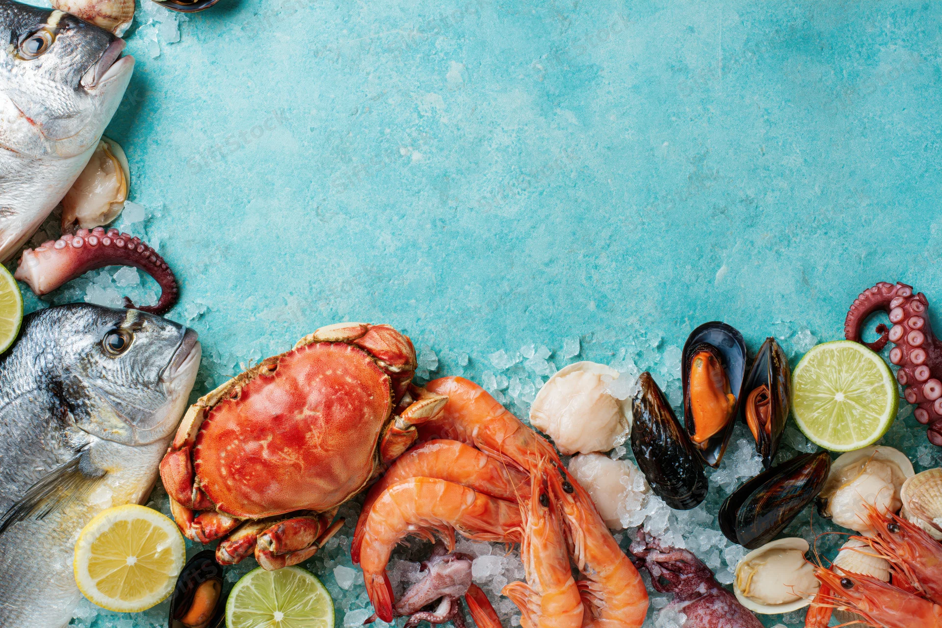 Fresh seafood arranged on ice with citrus slices in a flat lay overhead view
