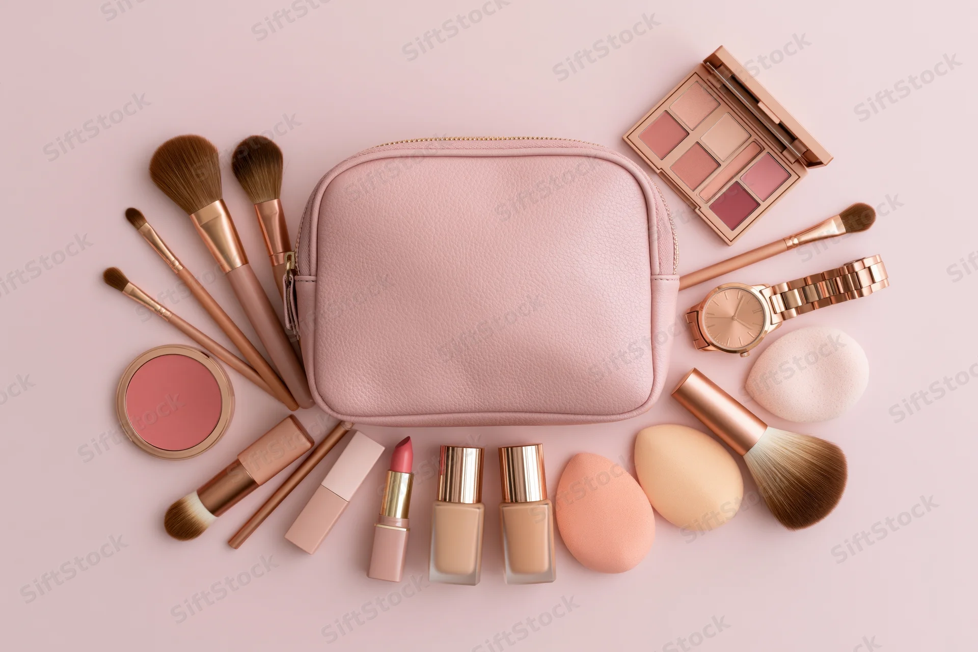 Pink leather makeup bag with cosmetics arranged around it on a flat surface