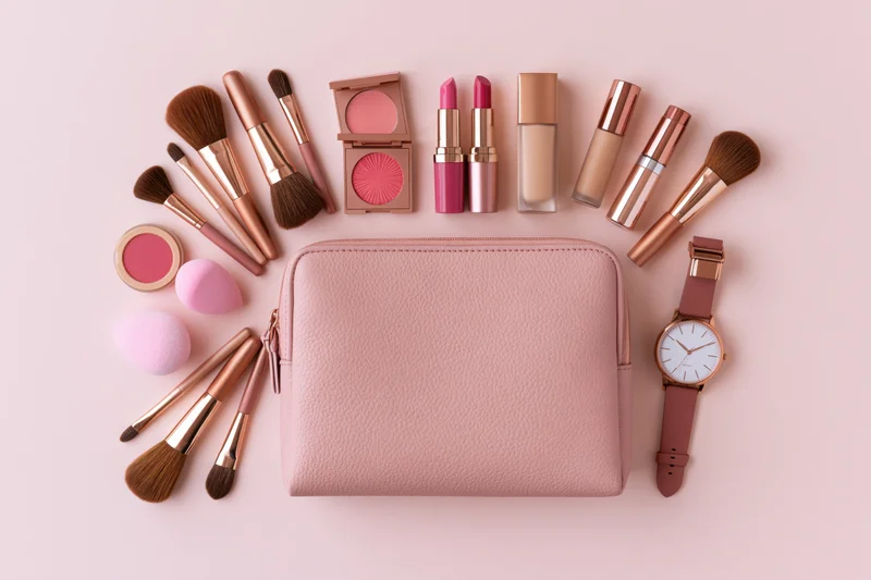 Pink leather makeup bag surrounded by cosmetics and accessories on a flat surface