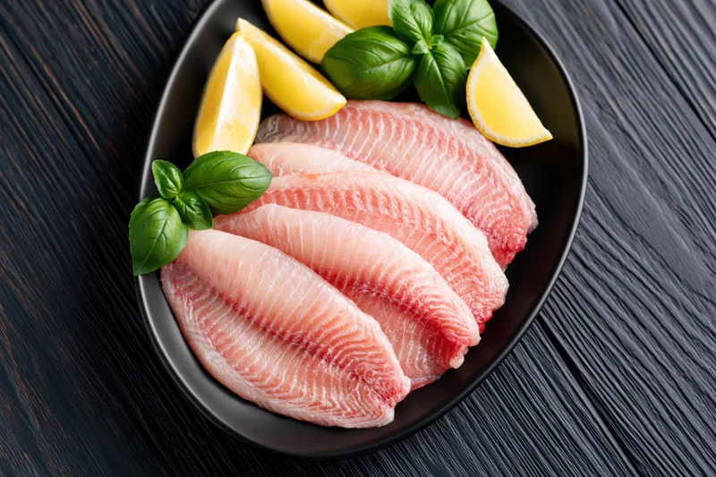 Raw tilapia fillets arranged in a black oval serving dish with lemon wedges and basil garnish on a dark wooden surface