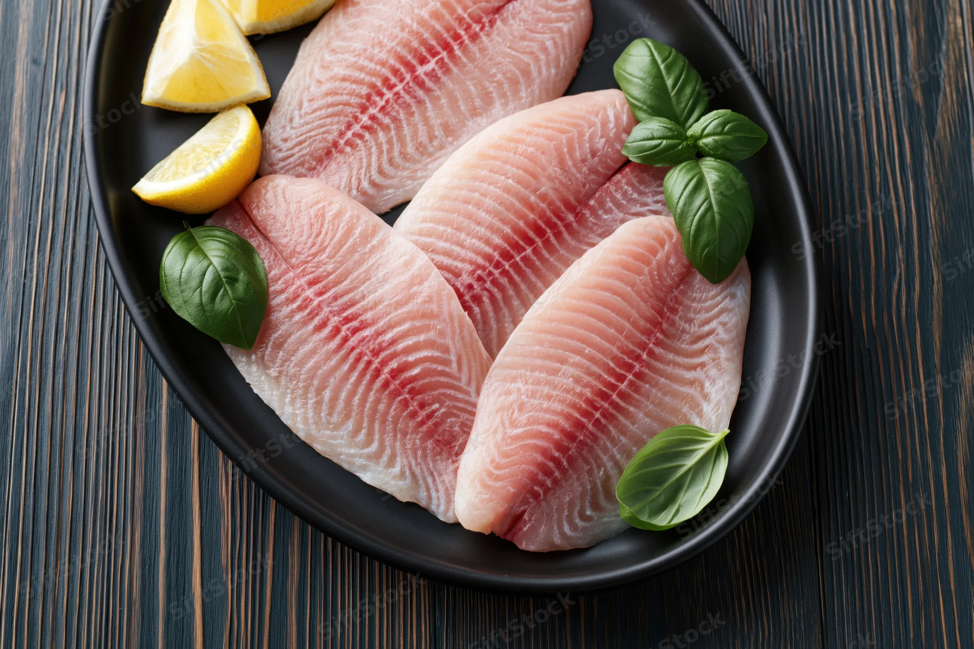 Raw tilapia fillets arranged on a black oval plate with lemon and basil garnish on a dark wooden table