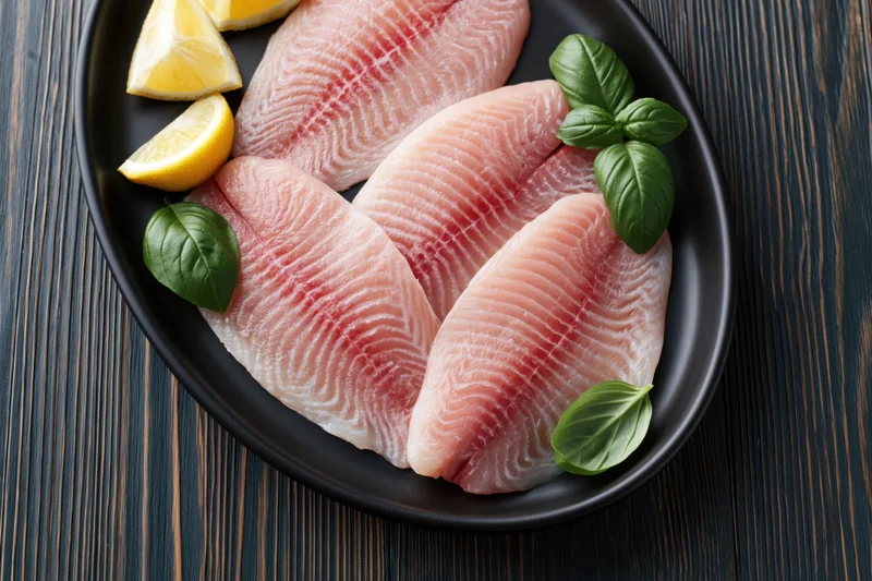 Raw tilapia fillets arranged on a black oval plate with lemon and basil garnish on a dark wooden table