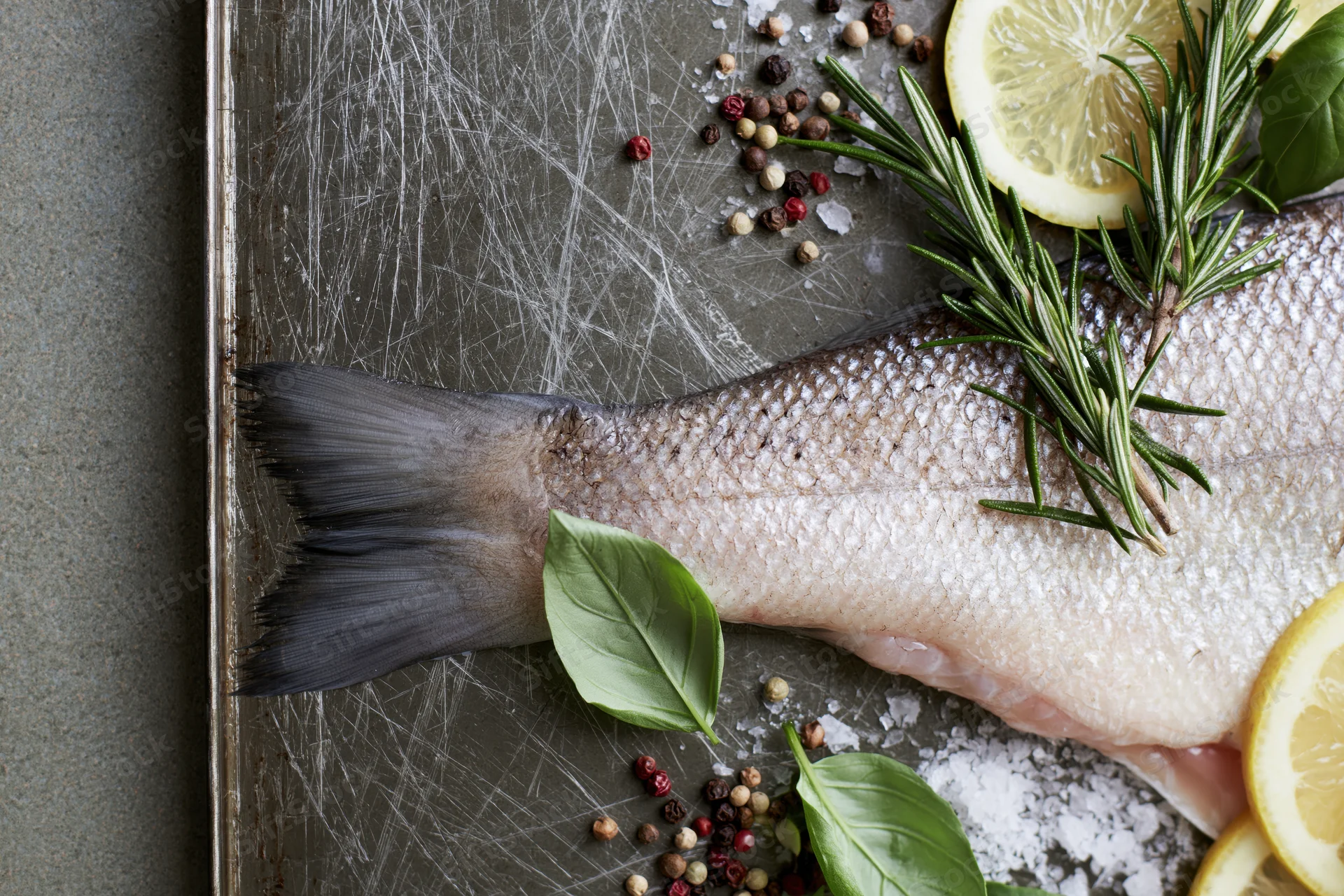 Raw whole fish tail-end resting on scratched dark metal baking tray with lemon slices, rosemary, basil, peppercorns and salt