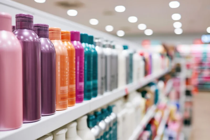 Rows of colorful haircare bottles lined on shelves in a retail beauty store aisle