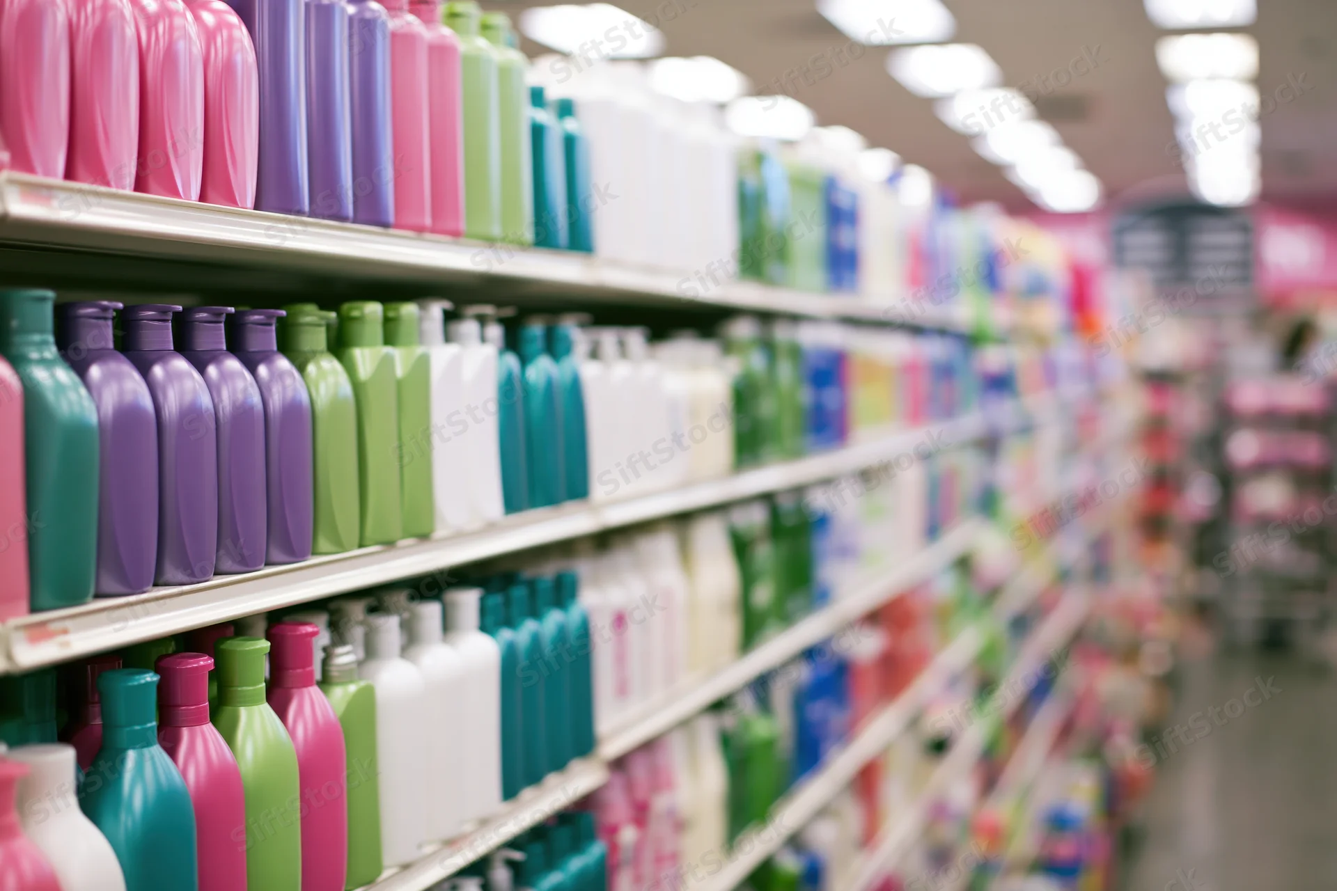 Rows of colorful hair care bottles on shelves in a retail store aisle