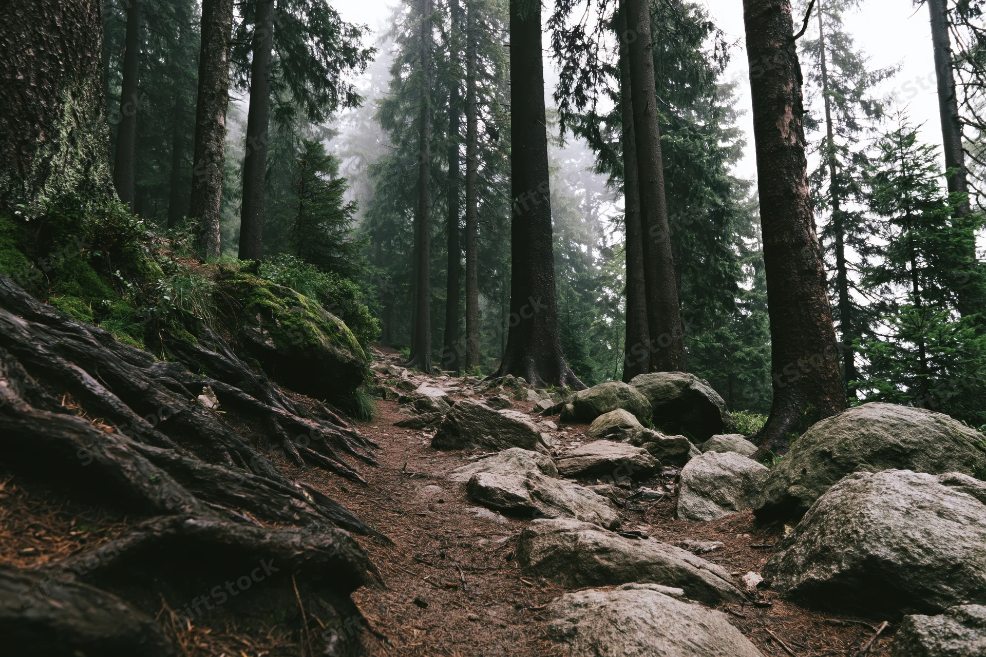Rocky dirt trail winding uphill through dense conifer forest with moss-covered rocks and foggy atmosphere