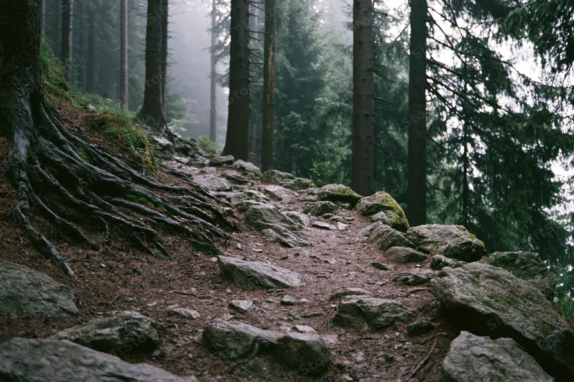 Rocky dirt trail winding uphill through dense conifer forest with exposed tree roots and moss-covered stones