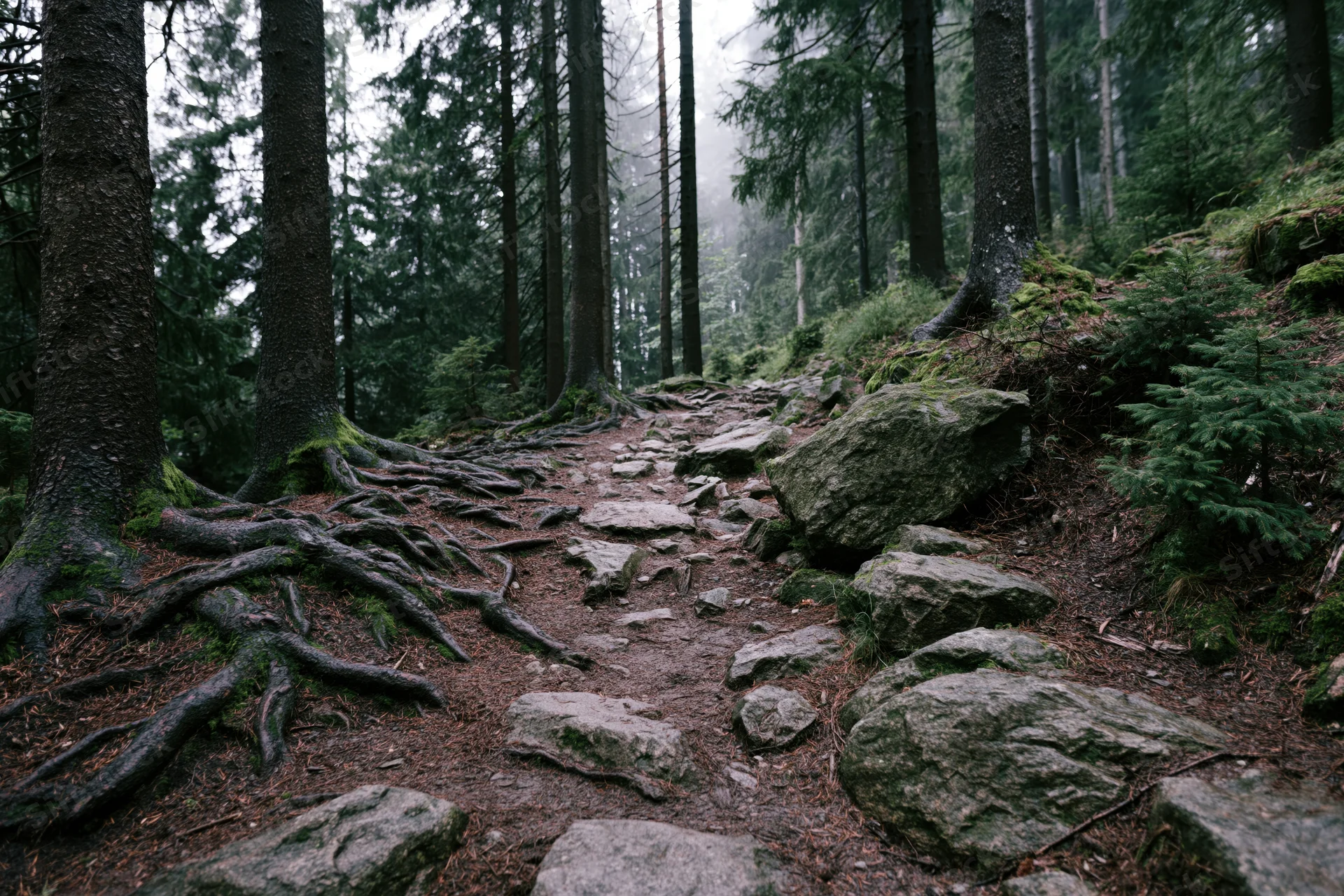 Rocky dirt hiking trail winding uphill through dense conifer forest with exposed tree roots and moss-covered rocks