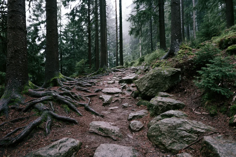 Rocky dirt hiking trail winding uphill through dense conifer forest with exposed tree roots and moss-covered rocks
