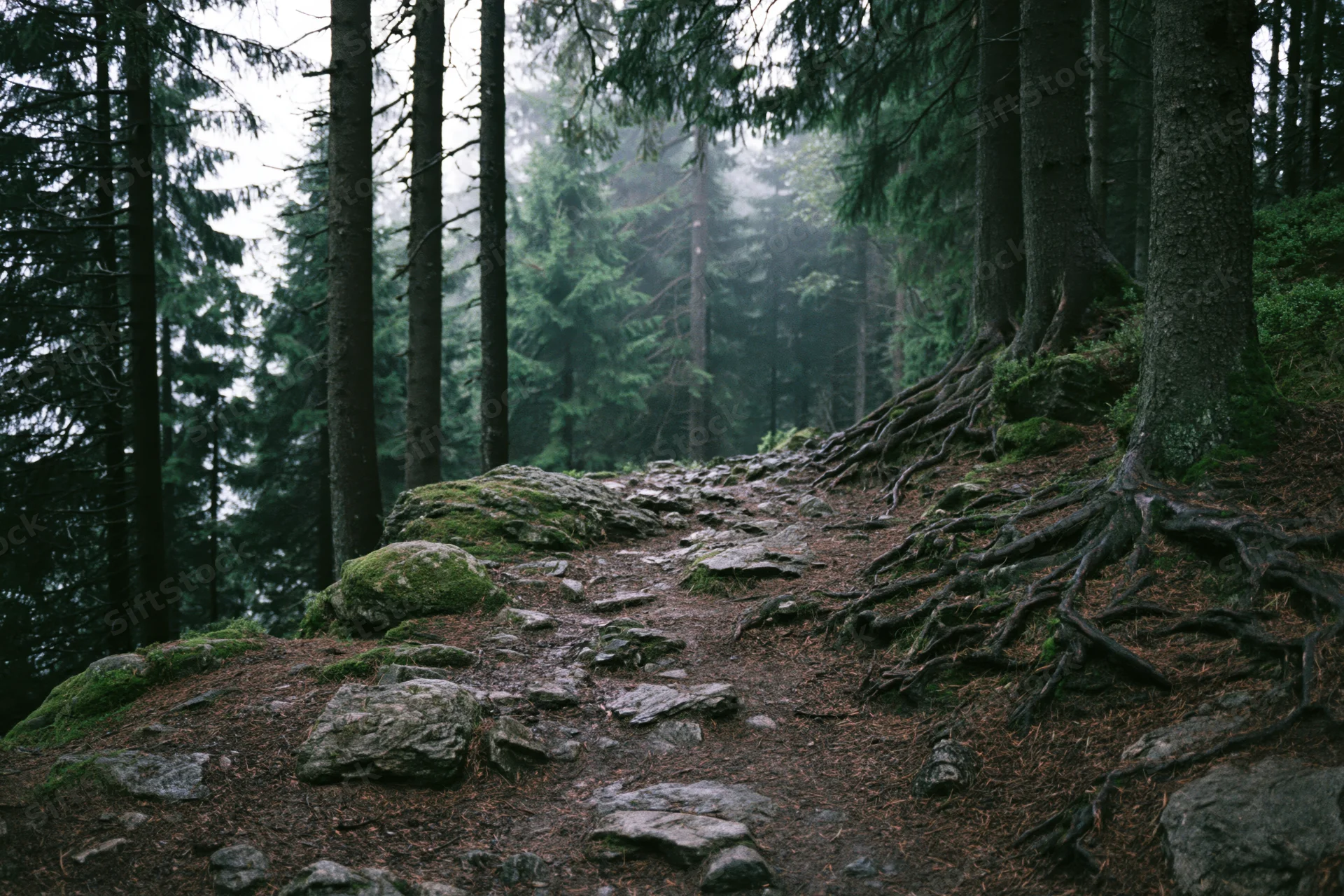 Rocky dirt hiking trail winding uphill through dense conifer forest with exposed tree roots and moss-covered rocks