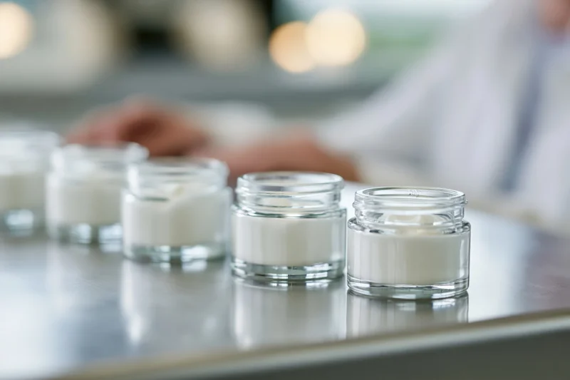 Row of open glass jars filled with white cream on a lab countertop with a scientist in the background
