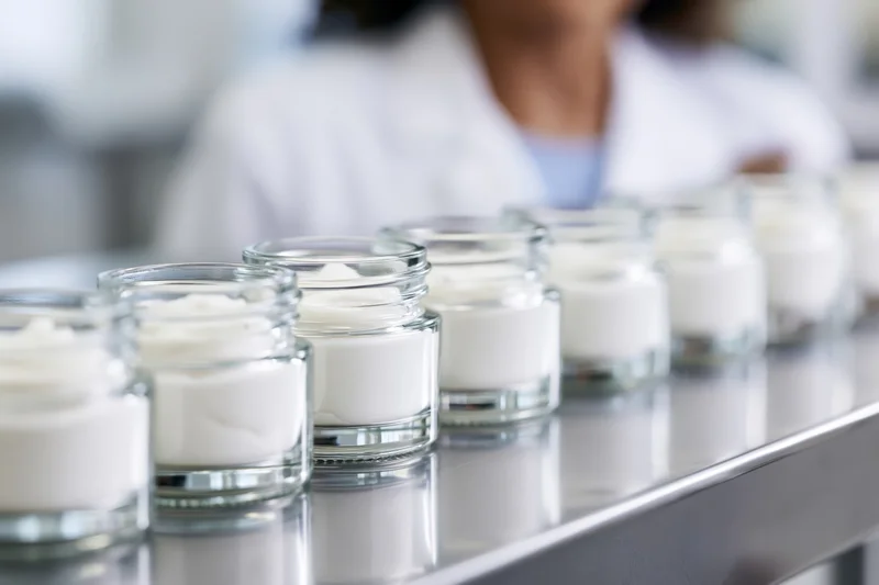 Row of open glass jars filled with white cream on stainless steel lab bench with scientist in background
