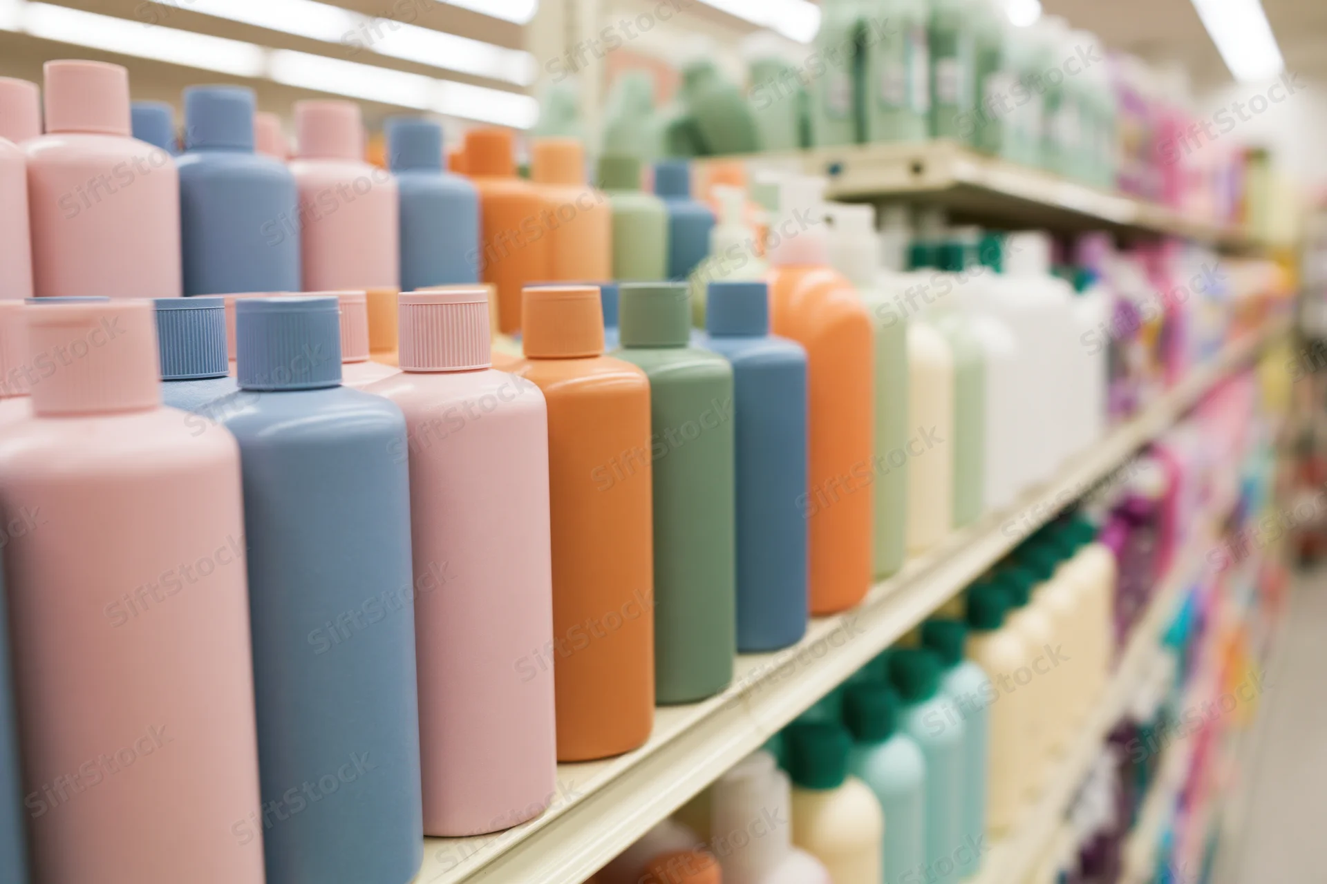 Rows of unlabeled plastic shampoo and lotion bottles in pastel colors on store shelves