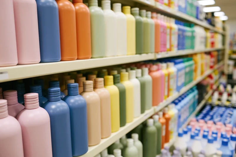 Rows of unlabeled plastic shampoo and lotion bottles in pastel colors on store shelves