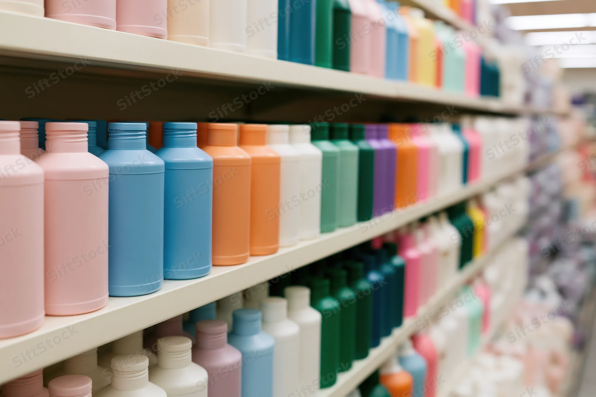 Rows of colorful unlabeled plastic bottles arranged on shelves in a store