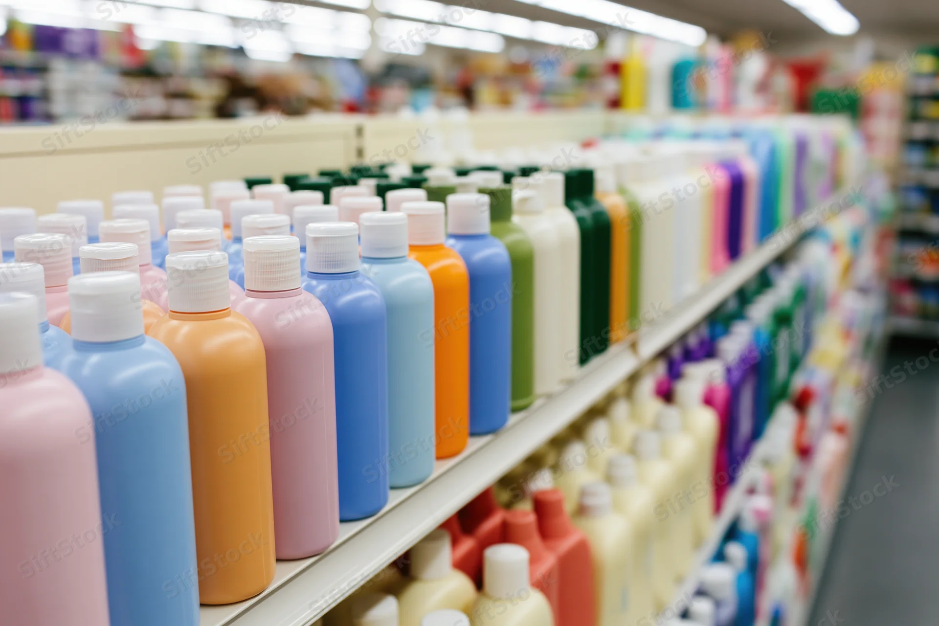 Rows of colorful unlabeled plastic shampoo and lotion bottles on store shelves
