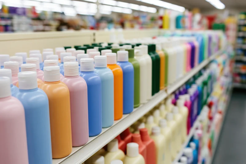 Rows of colorful unlabeled plastic shampoo and lotion bottles on store shelves