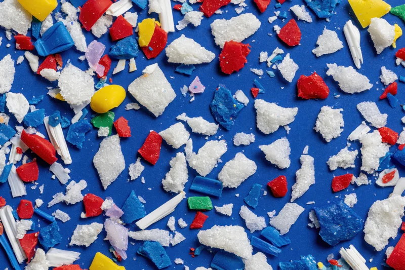 Scattered fragments of colorful plastic debris on a blue surface