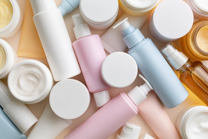 Scattered skincare and cosmetic containers in pastel colors on a flat surface
