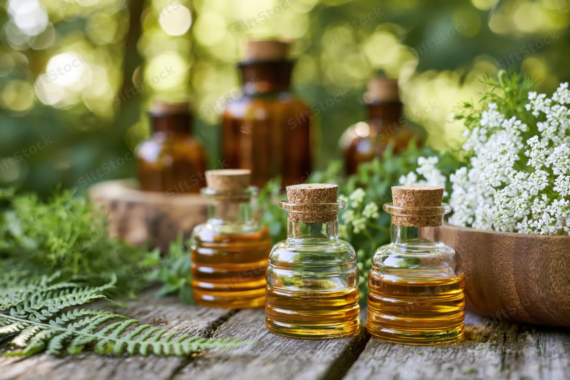 Glass bottles of amber essential oil arranged on a wooden table with fresh herbs and flowers outdoors