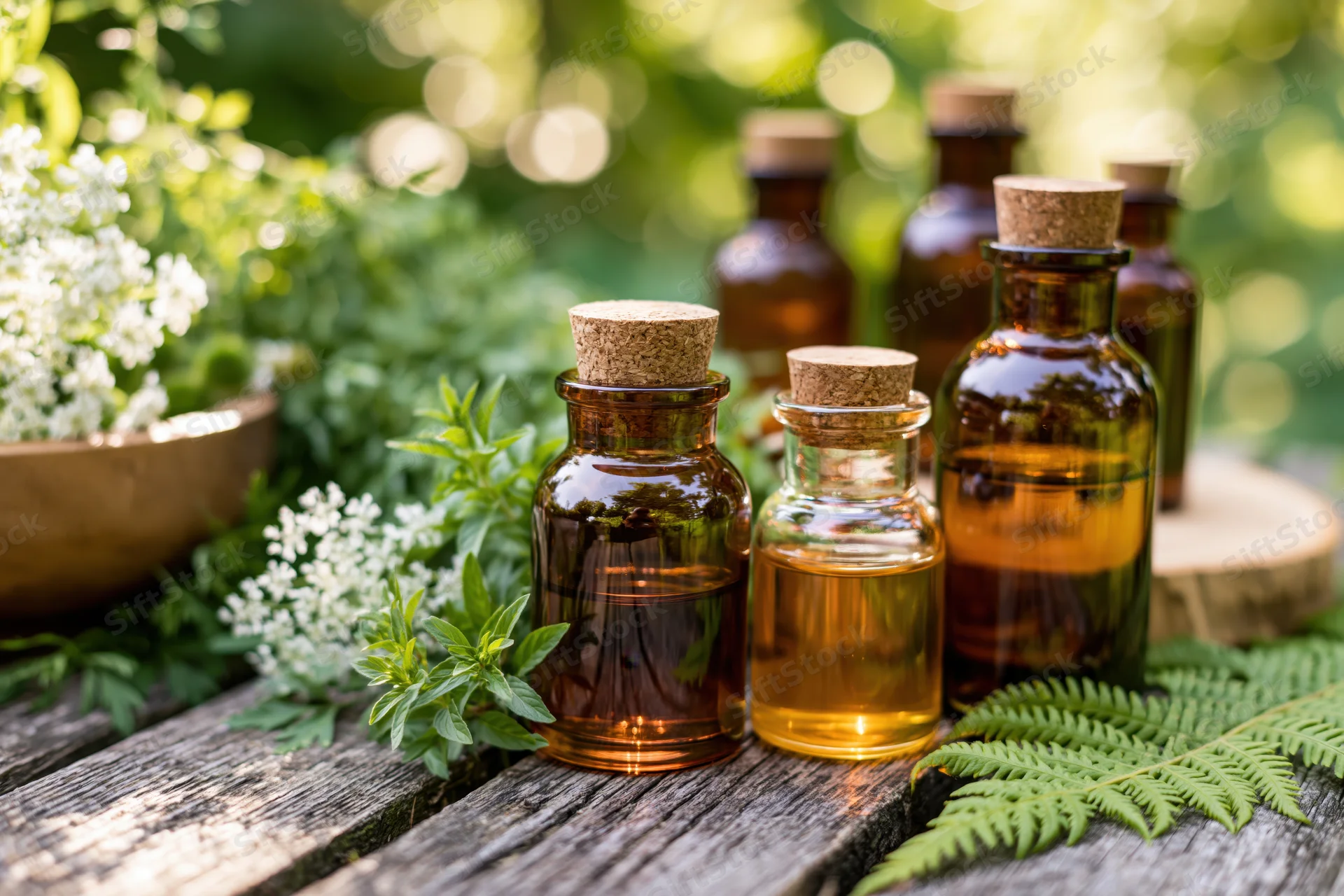 Amber glass bottles of essential oil and herbal tincture arranged on a wooden table with green plants and white flowers outdoors
