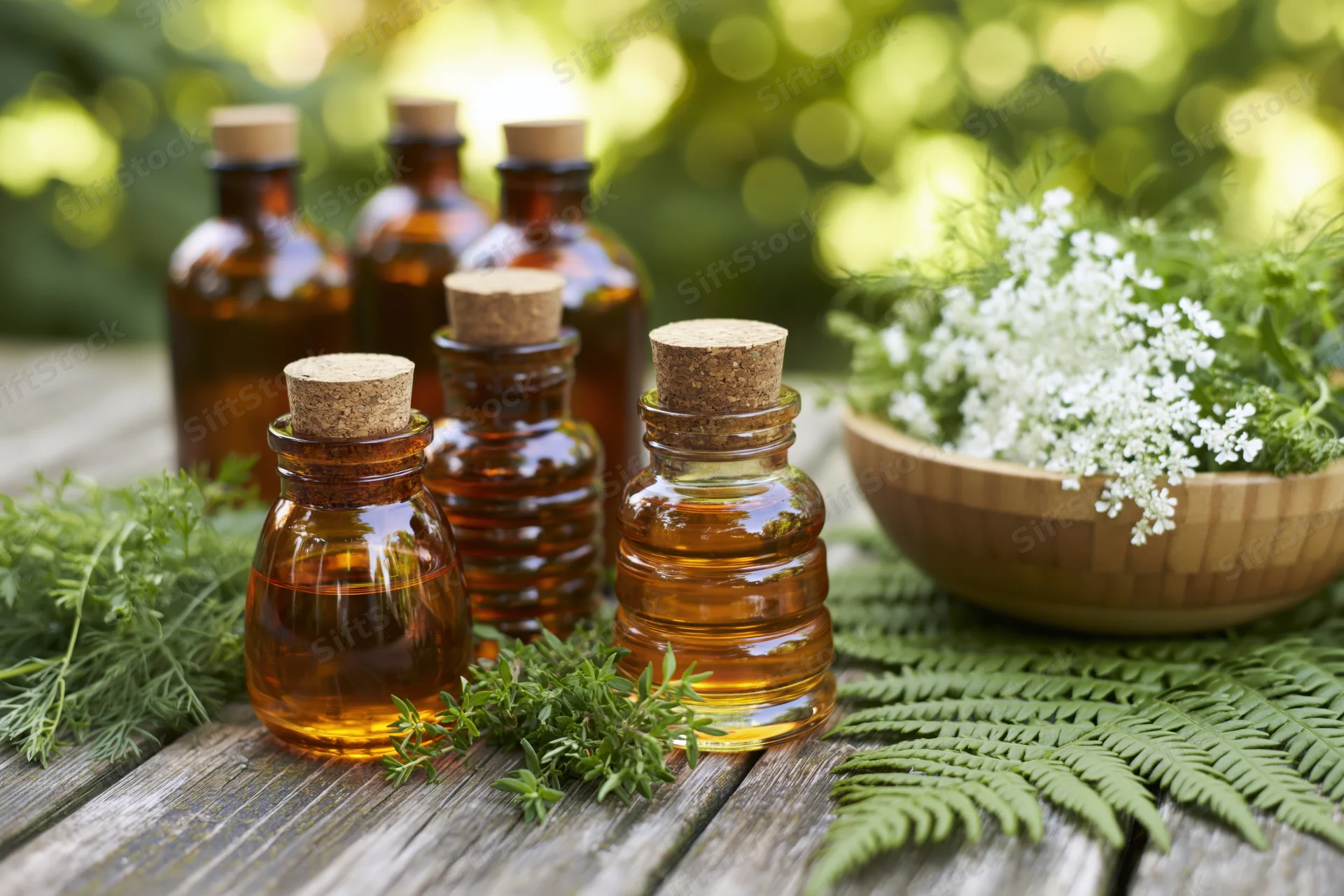 Amber glass bottles of essential oil arranged with fresh herbs and flowers on a wooden table outdoors