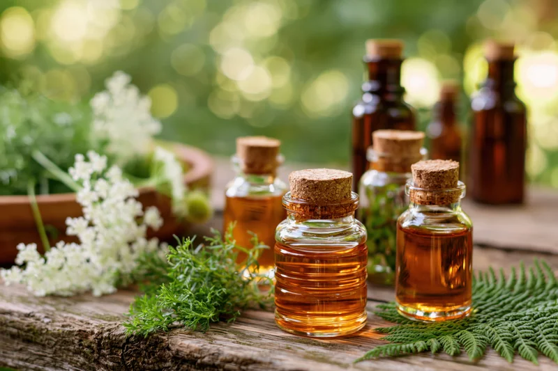 Glass bottles of amber essential oil and herbal tincture arranged on a wooden table with fresh herbs and green foliage outdoors