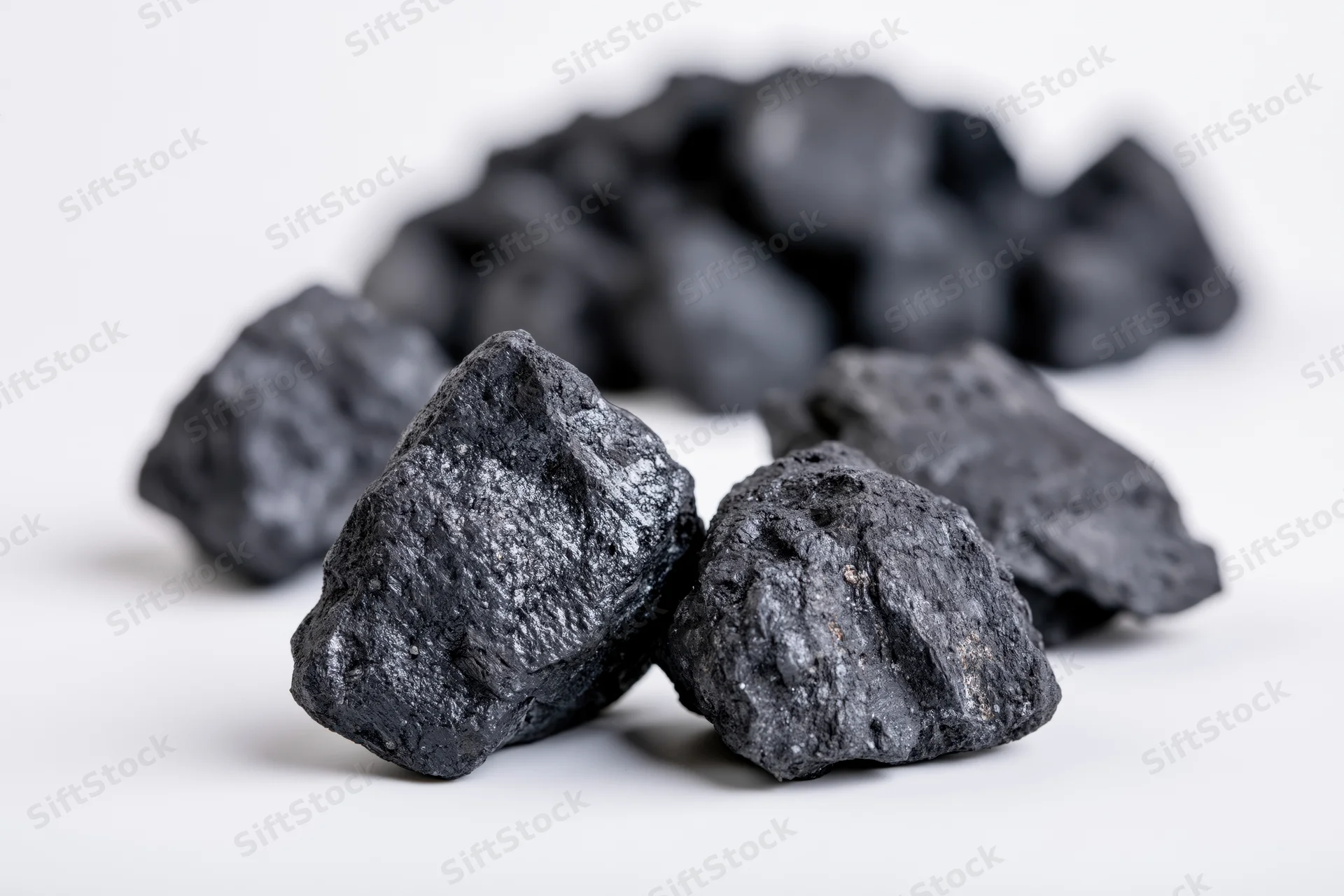 Rough coal chunks scattered on a plain white surface