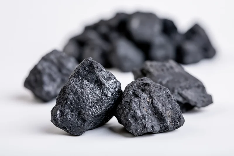 Rough coal chunks scattered on a plain white surface