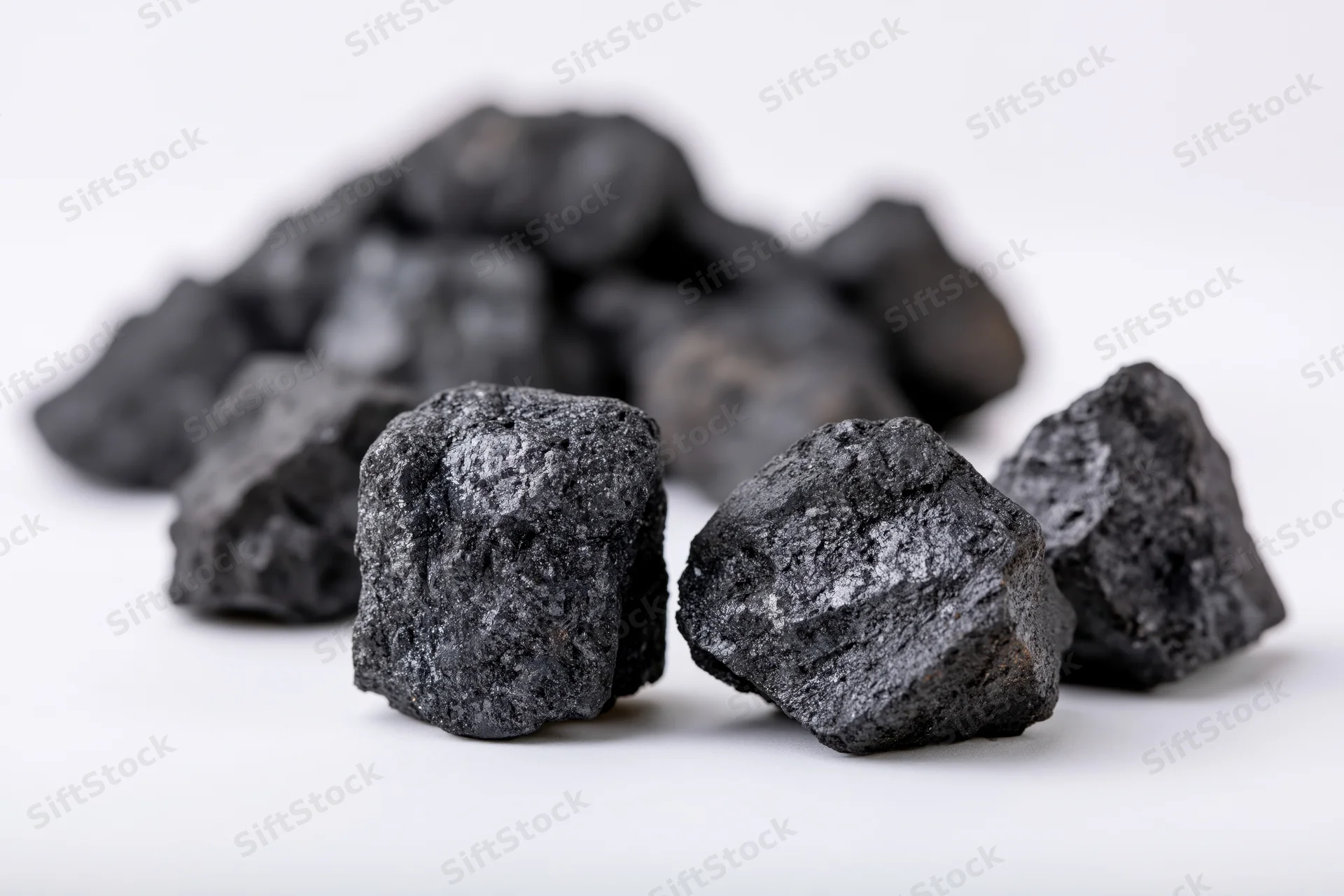 Rough coal chunks scattered on a plain white surface
