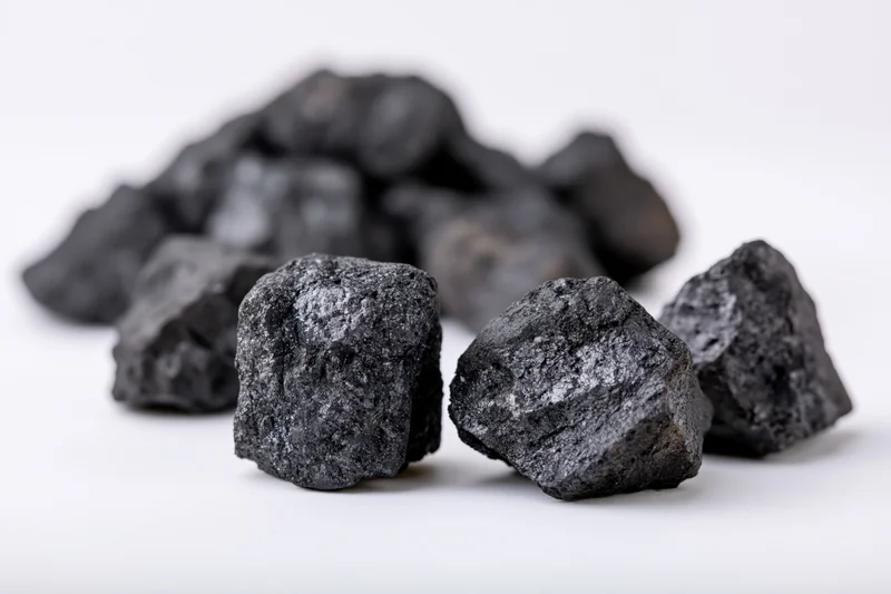Rough coal chunks scattered on a plain white surface
