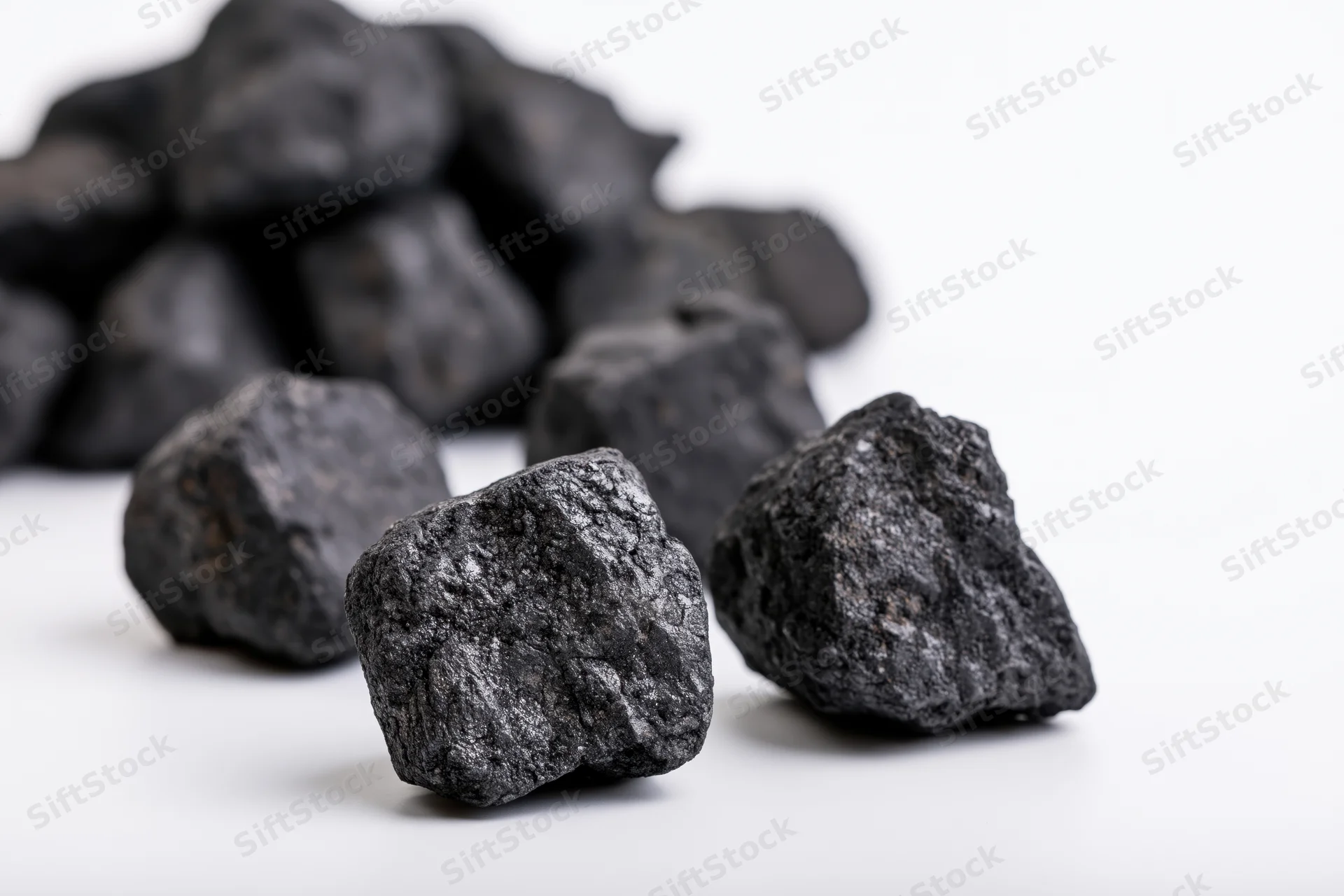 Rough coal chunks scattered on a plain white surface