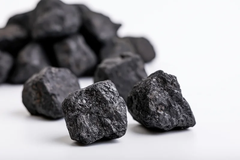 Rough coal chunks scattered on a plain white surface