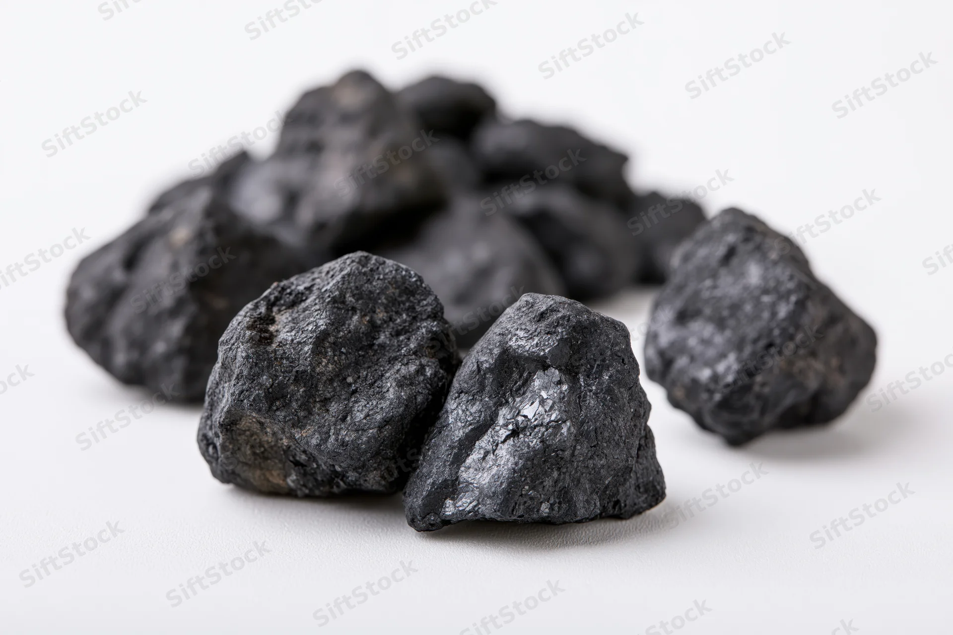 Rough coal chunks scattered on a plain white surface