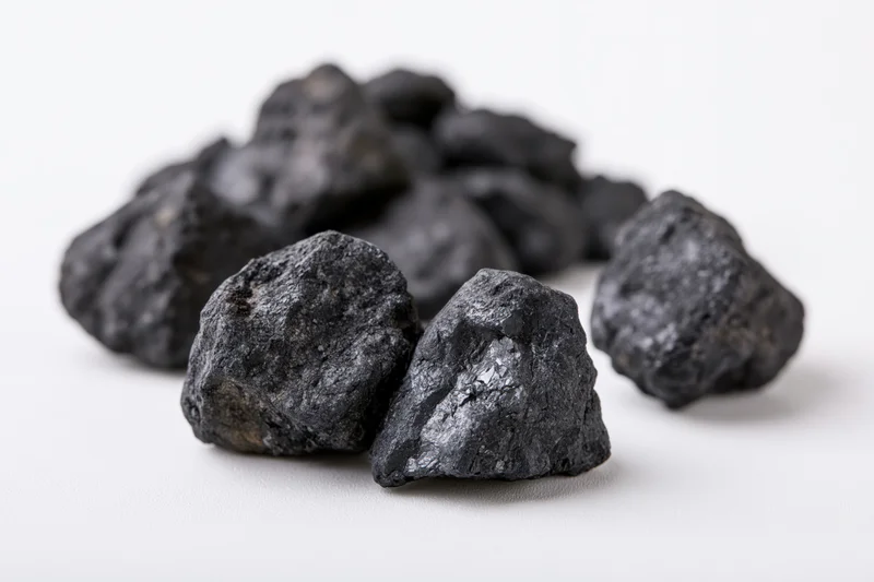 Rough coal chunks scattered on a plain white surface