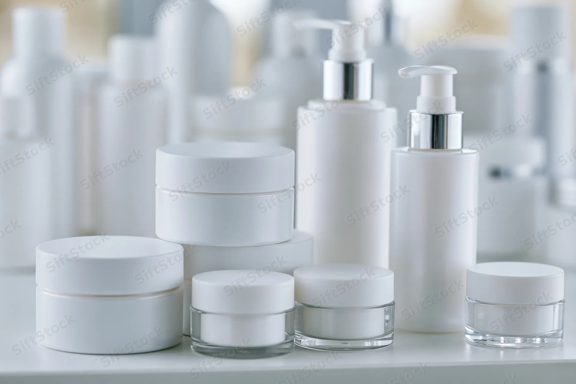 White unlabeled skincare jars and pump bottles arranged on a surface