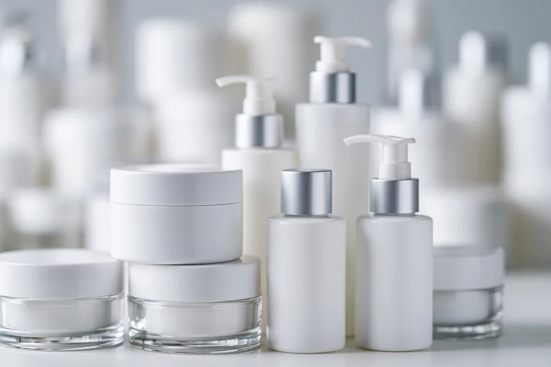 White unlabeled skincare jars and pump bottles arranged on a surface
