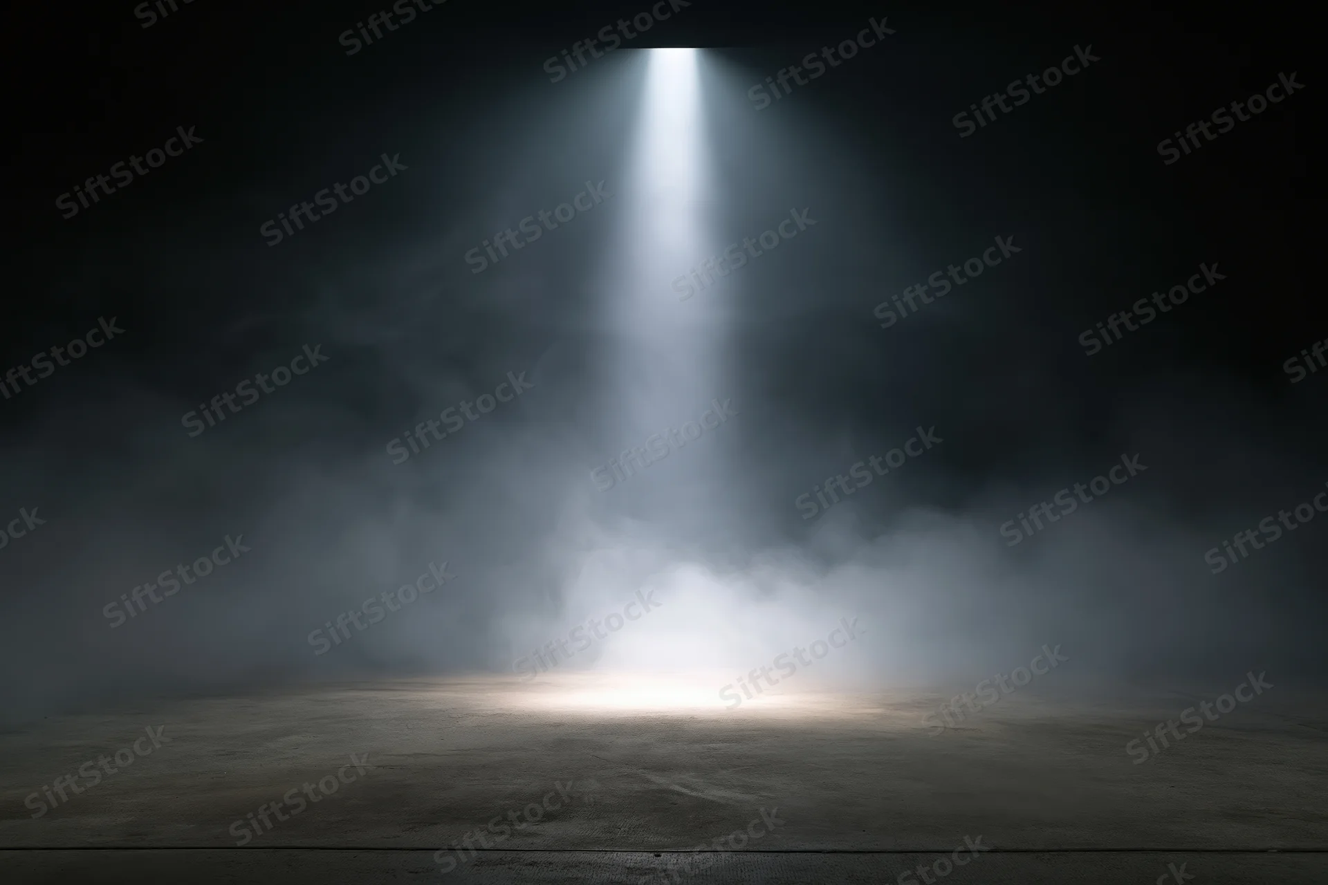 Single spotlight beam shining down on an empty stage floor in a dark smoky theater