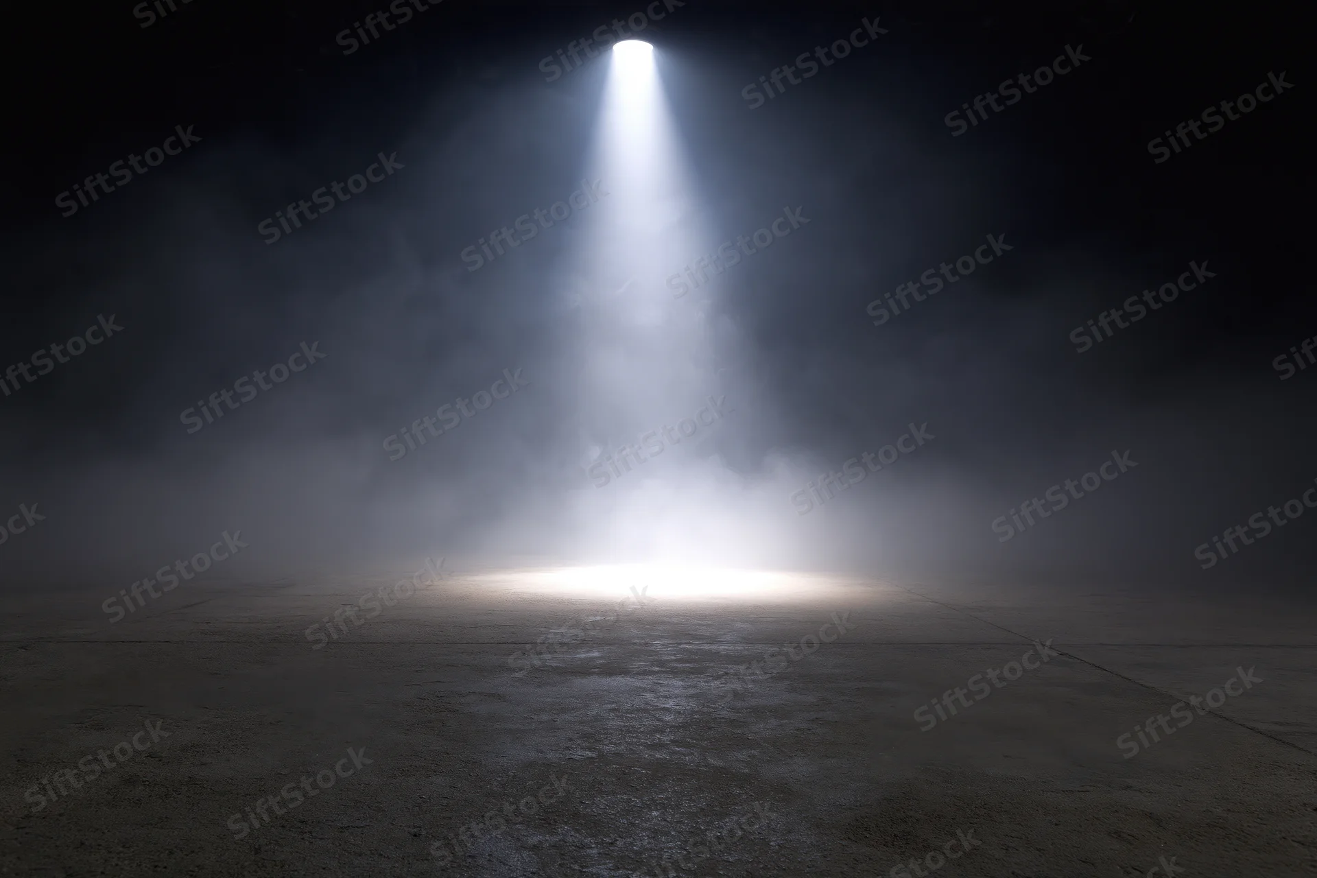Single spotlight beam illuminating a dark stage floor in a smoky theater setting