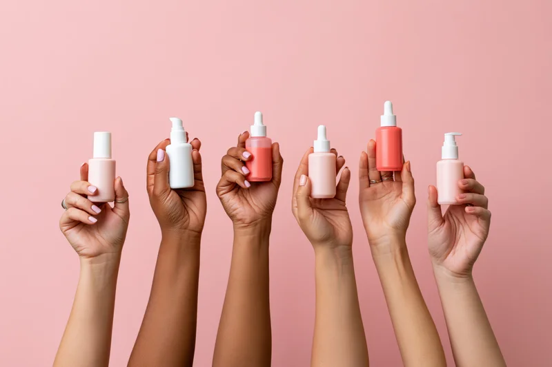 Six diverse women's hands holding skincare bottles against a pink background