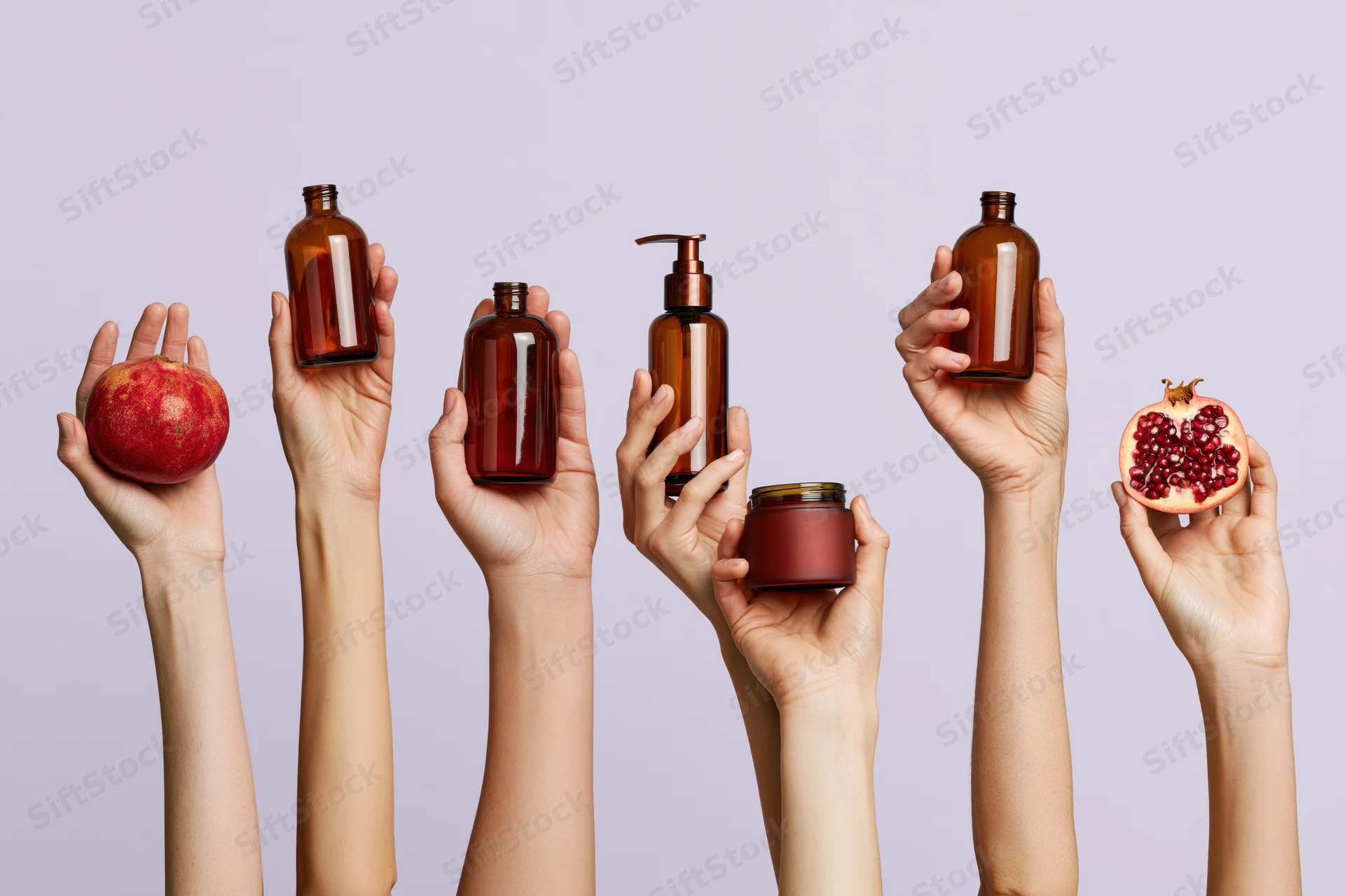 Six hands holding amber skincare bottles and pomegranates against a light purple background