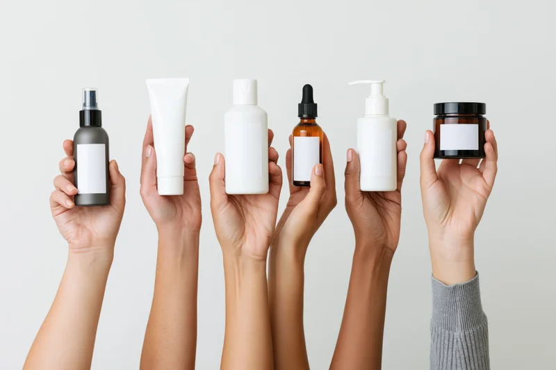 Six women's hands holding different skincare bottles with blank labels against white background